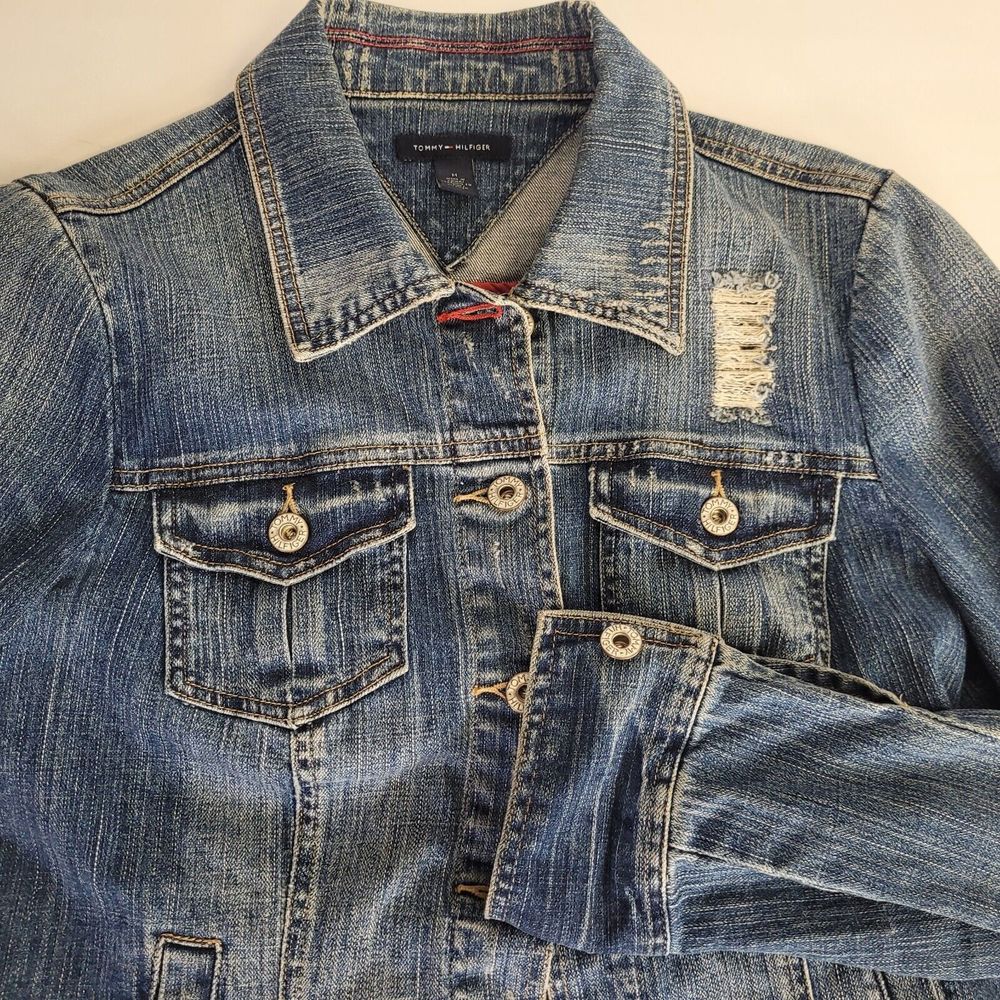 Tommy Hilfiger Jean Jacket Womens Medium Blue Denim Fade Distressed Size M
